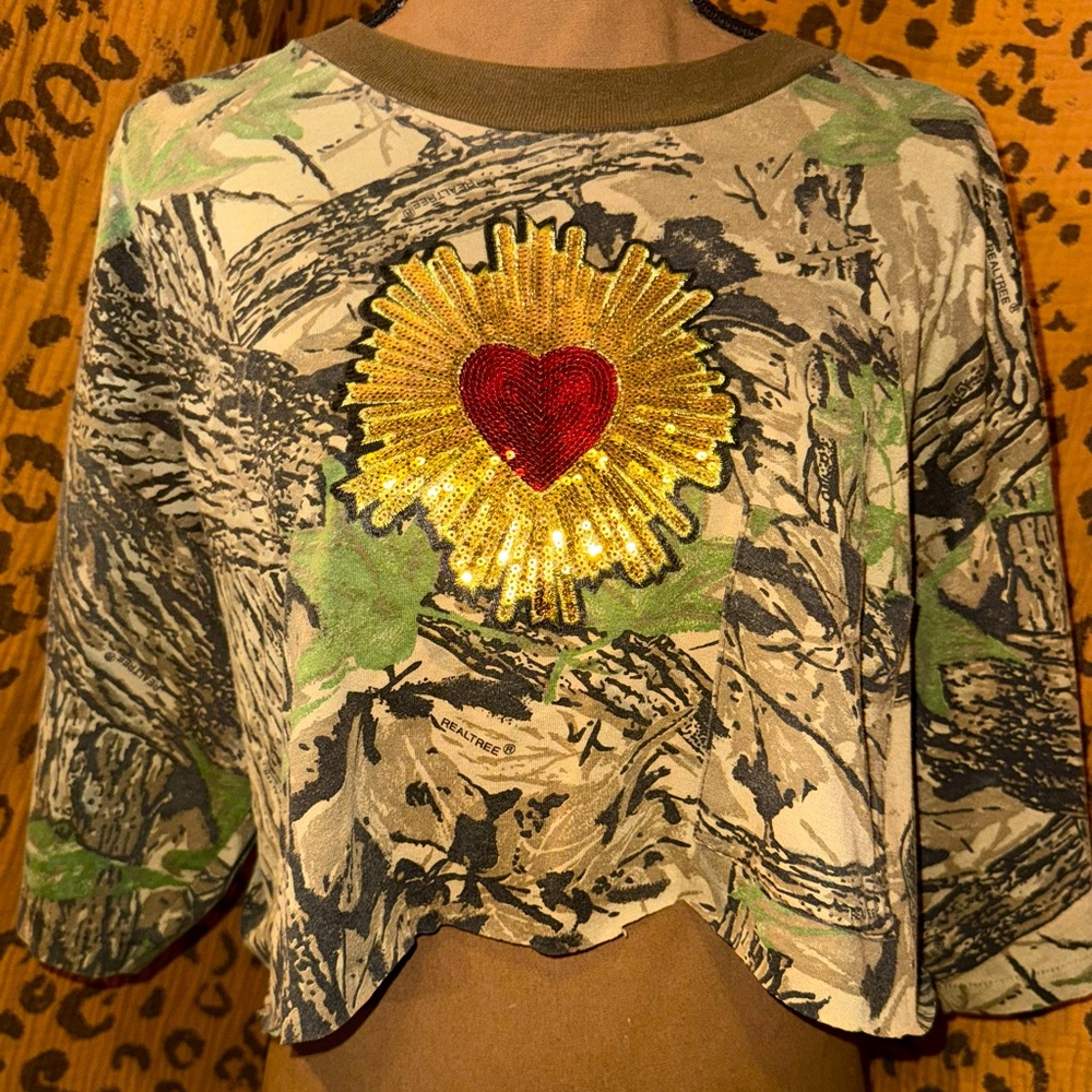 ReWorked Camouflage Heart Embellished Crop Top One Size